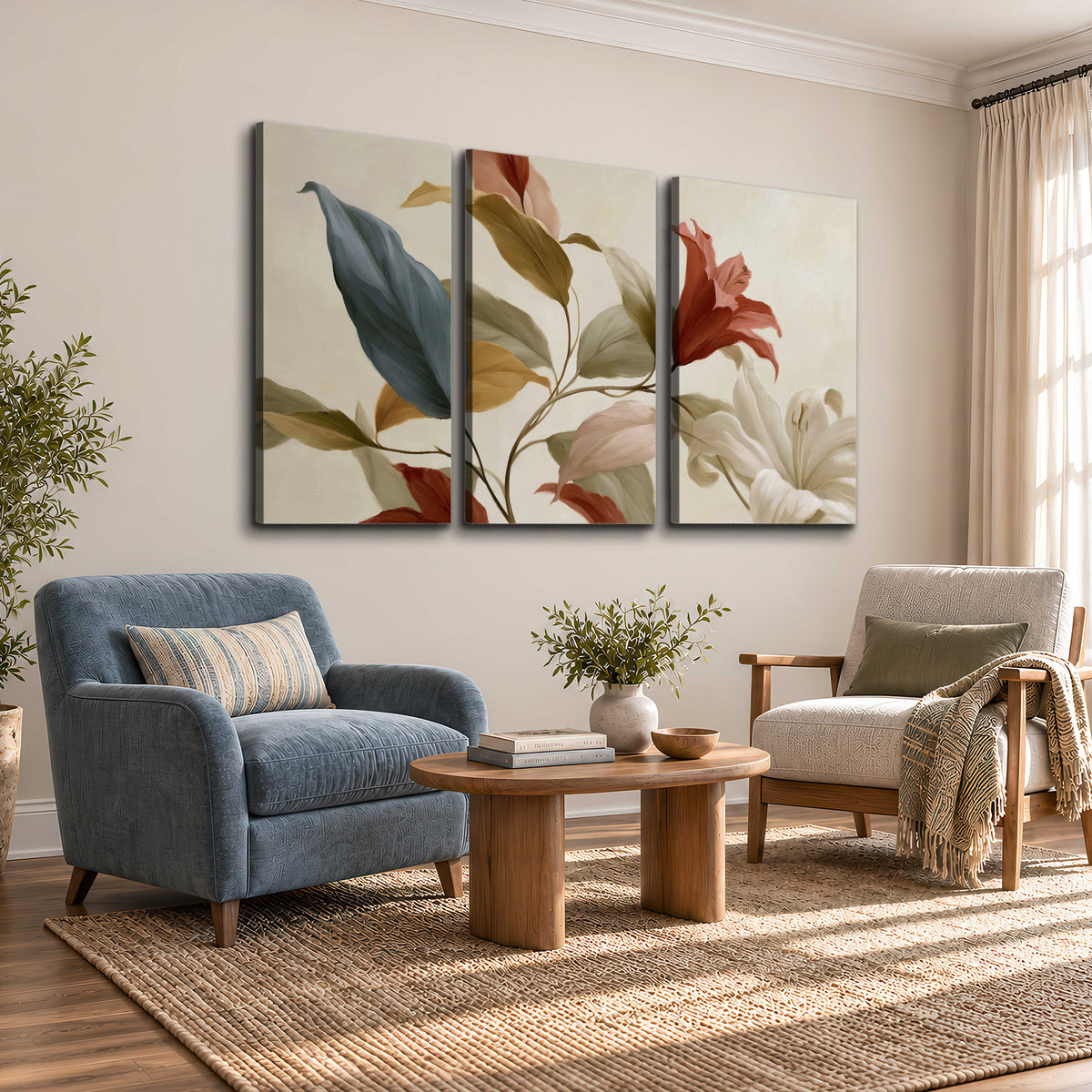 Cream flowers with broad blue and rust leaves sweeping across a neutral background 3 piece canvas wall art styled in an interior