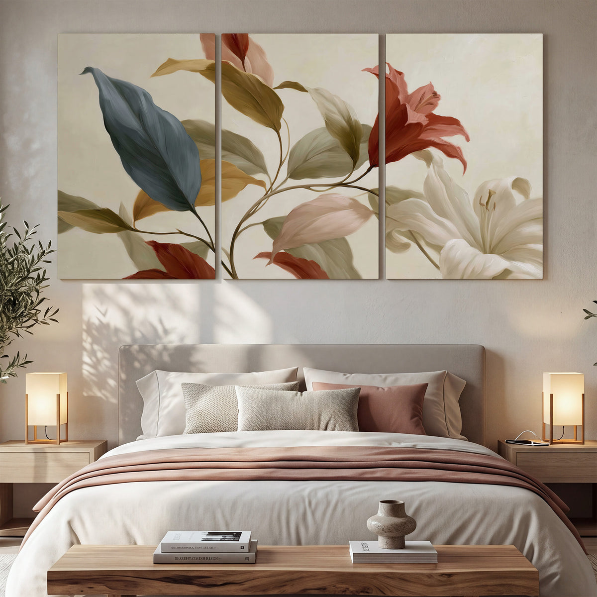 Cream flowers with broad blue and rust leaves sweeping across a neutral background 3 piece canvas wall art displayed in a bedroom