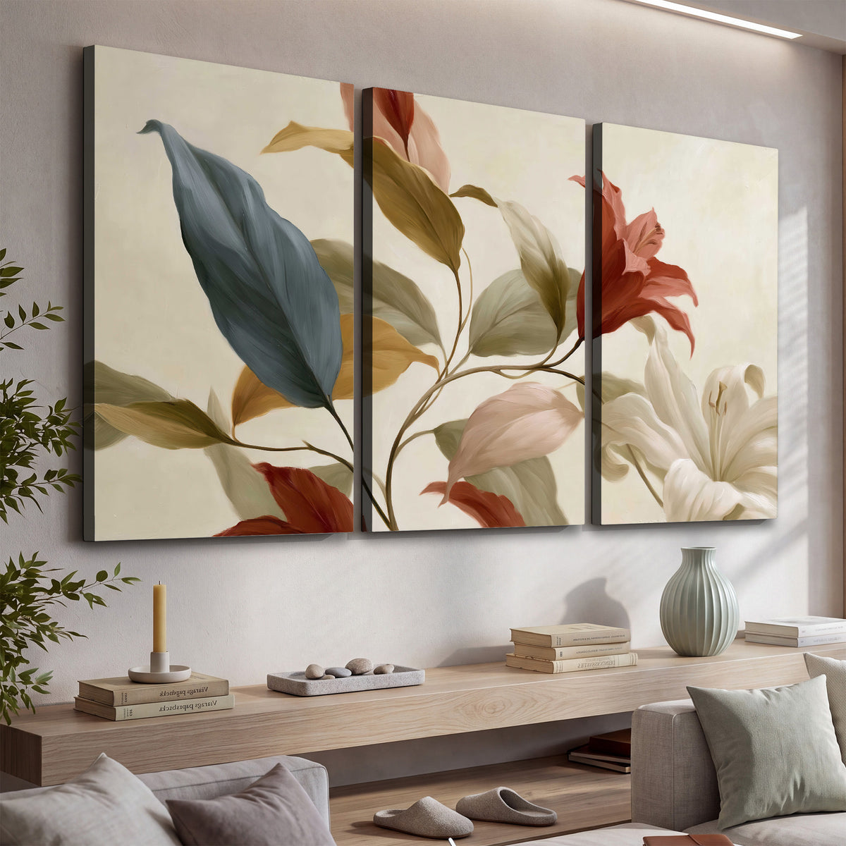 Cream flowers with broad blue and rust leaves sweeping across a neutral background 3 piece canvas wall art displayed in a console