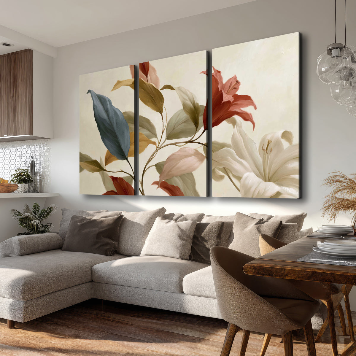 Cream flowers with broad blue and rust leaves sweeping across a neutral background 3 piece canvas wall art room and product view