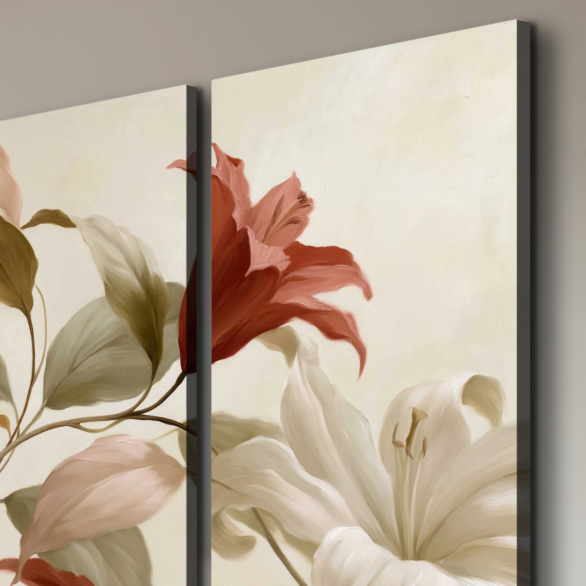 Cream flowers with broad blue and rust leaves sweeping across a neutral background 3 piece canvas wall art room and product view