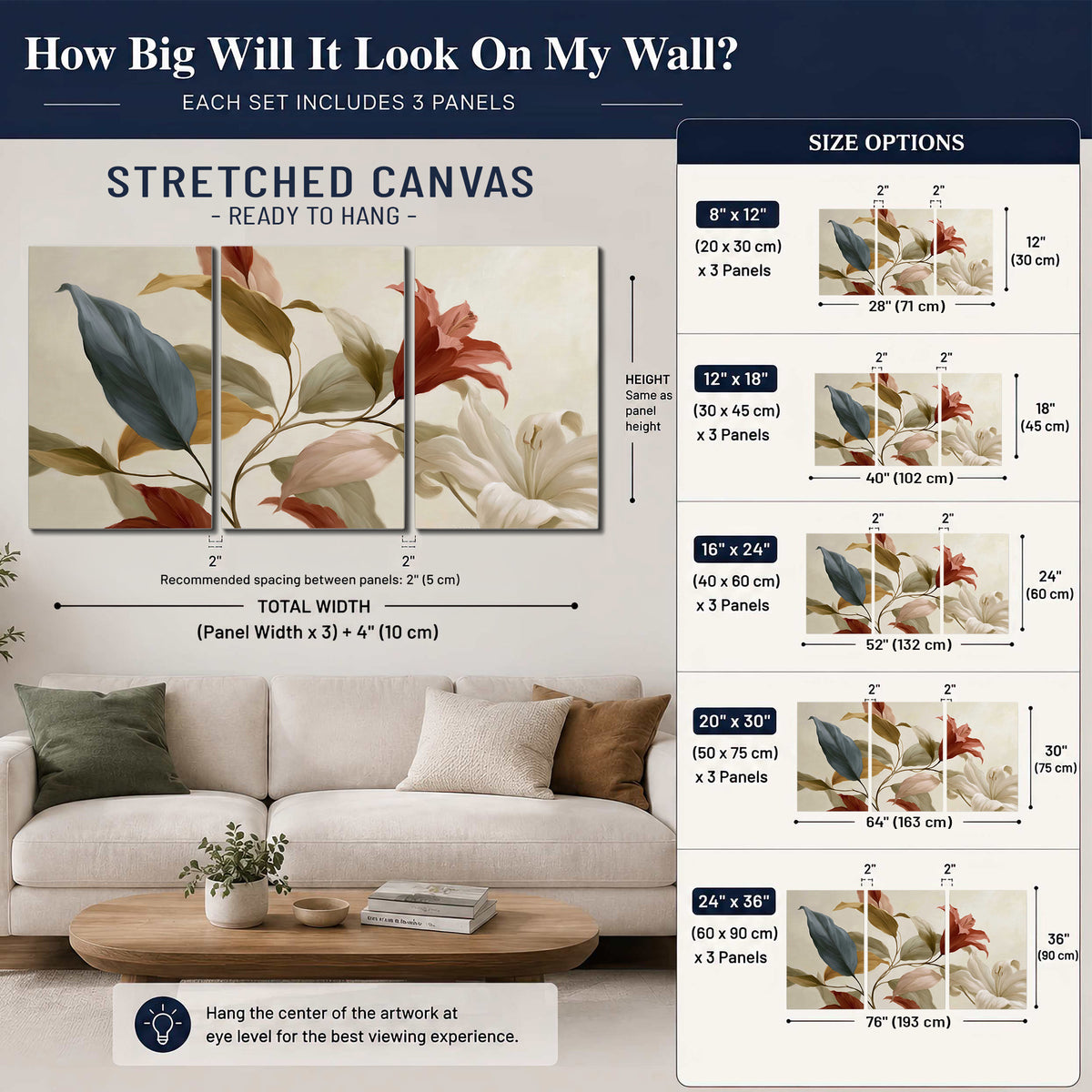 Cream flowers with broad blue and rust leaves sweeping across a neutral background 3 piece canvas wall art size guide above a sofa; room view is illustrative