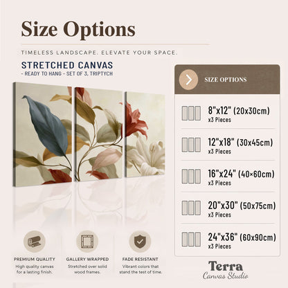 Cream flowers with broad blue and rust leaves sweeping across a neutral background 3 piece canvas wall art available dimensions; triptych dimensions are per panel