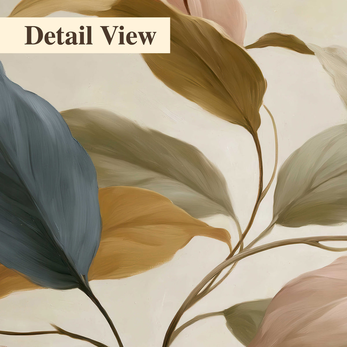 Cream flowers with broad blue and rust leaves sweeping across a neutral background 3 piece canvas wall art artwork detail close up