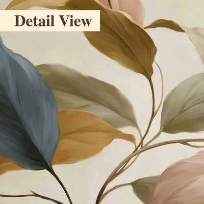 Cream flowers with broad blue and rust leaves sweeping across a neutral background 3 piece canvas wall art artwork detail close up