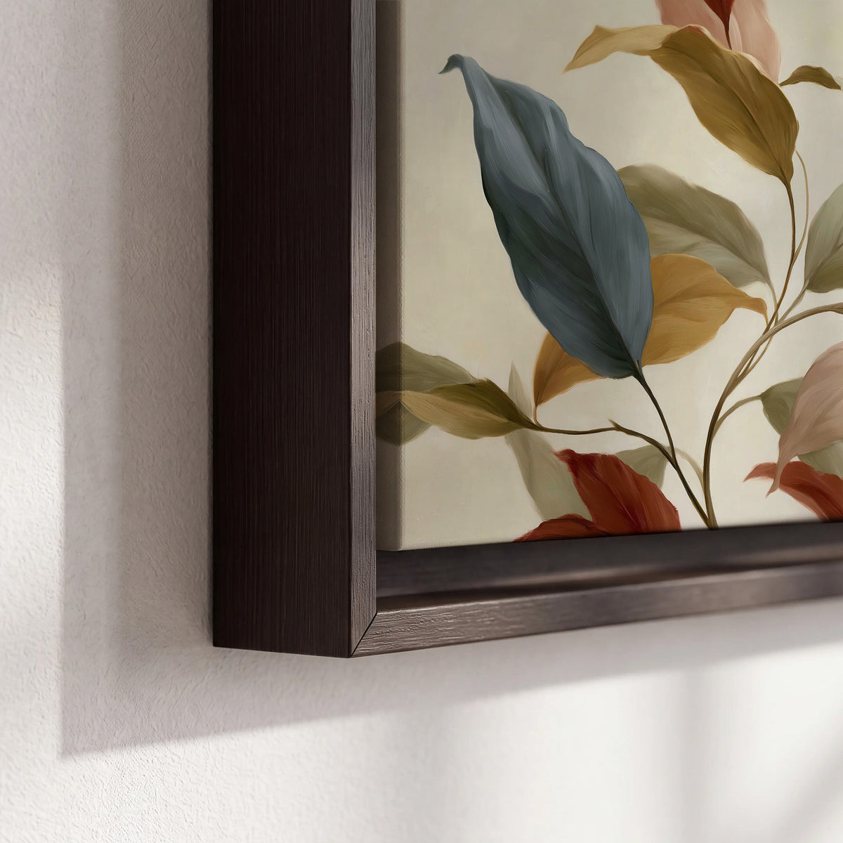 Cream flowers with broad blue and rust leaves sweeping across a neutral background 3 piece framed canvas wall art material and edge close up