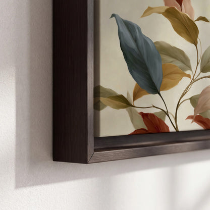 Cream flowers with broad blue and rust leaves sweeping across a neutral background 3 piece framed canvas wall art material and edge close up