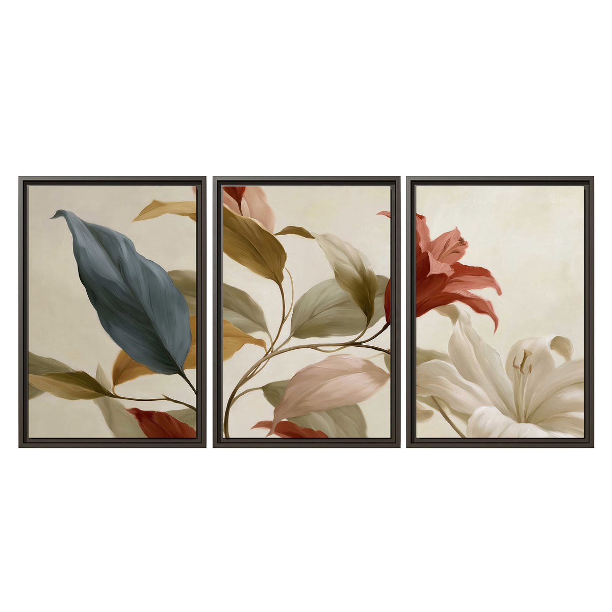 Cream flowers with broad blue and rust leaves sweeping across a neutral background 3 piece framed canvas wall art viewed straight on