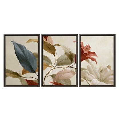 Cream flowers with broad blue and rust leaves sweeping across a neutral background 3 piece framed canvas wall art viewed straight on