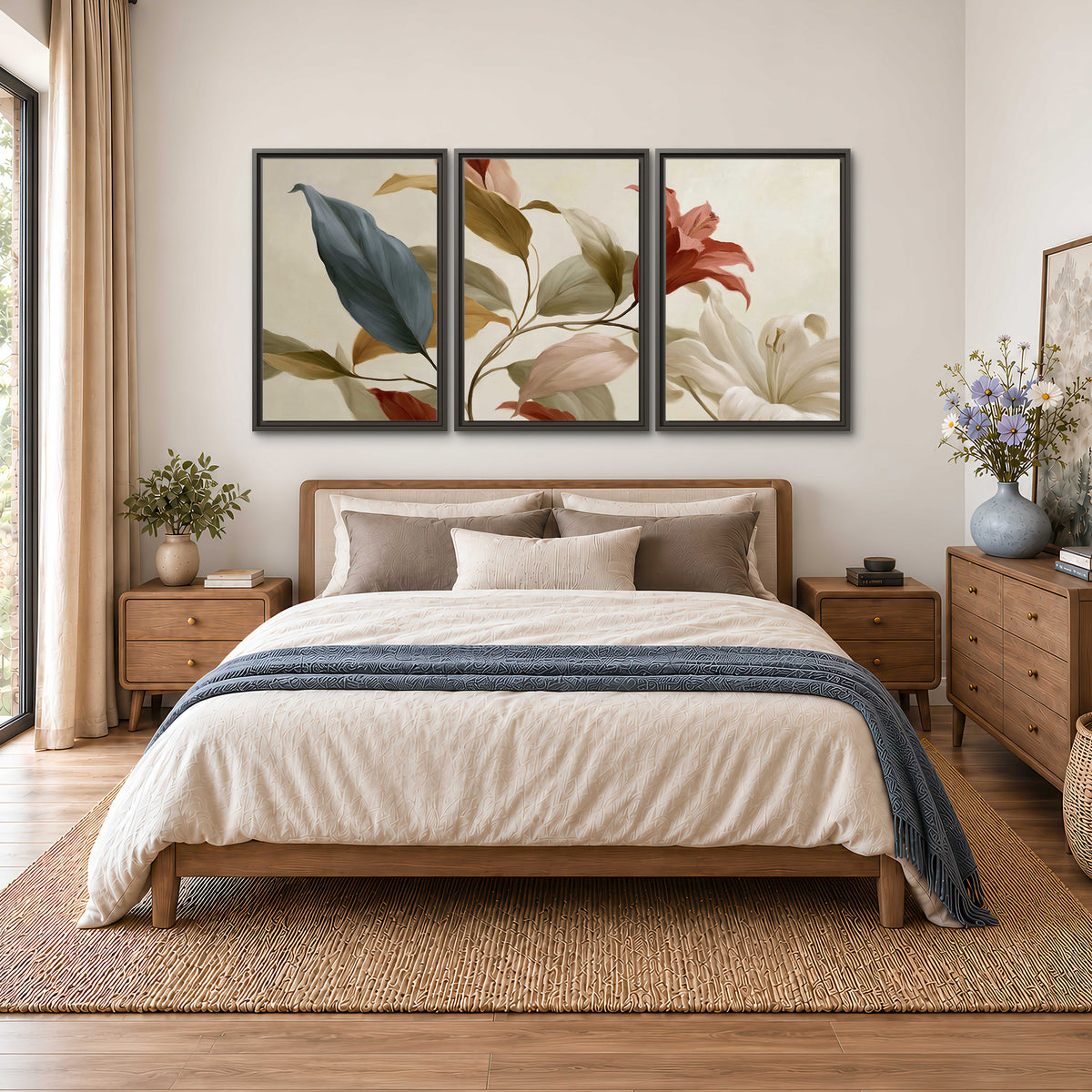 Cream flowers with broad blue and rust leaves sweeping across a neutral background 3 piece framed canvas wall art styled in an interior