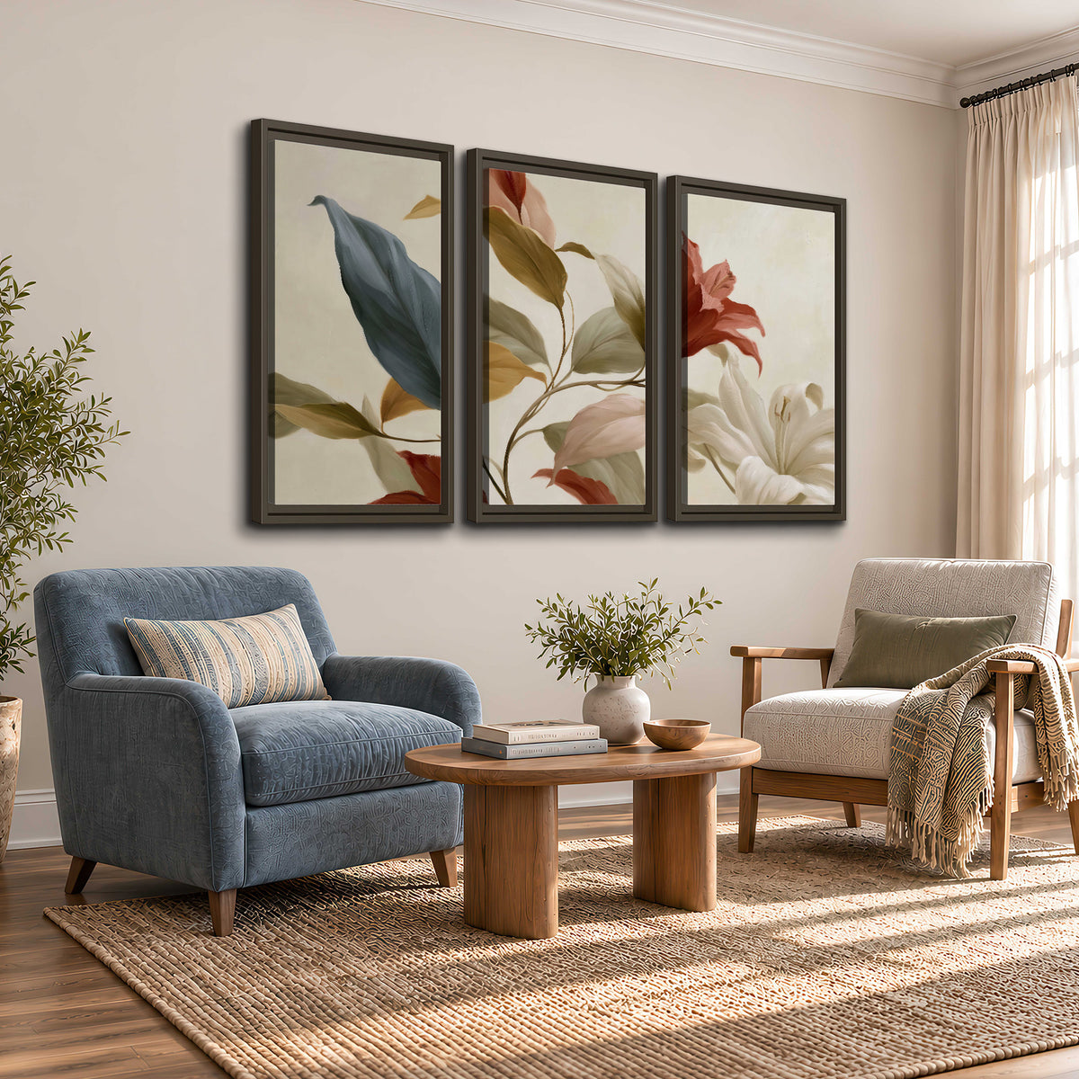 Cream flowers with broad blue and rust leaves sweeping across a neutral background 3 piece framed canvas wall art styled in an interior