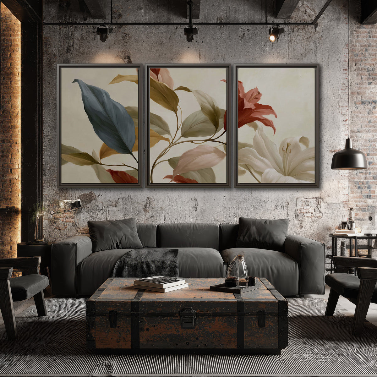 Cream flowers with broad blue and rust leaves sweeping across a neutral background 3 piece framed canvas wall art displayed in a industrial room