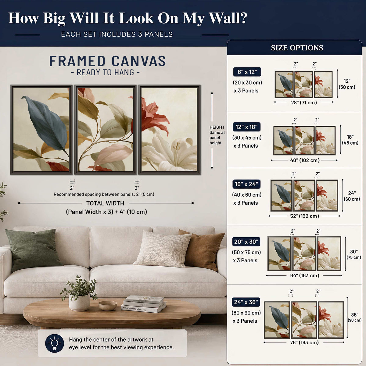 Cream flowers with broad blue and rust leaves sweeping across a neutral background 3 piece framed canvas wall art size guide above a sofa; room view is illustrative