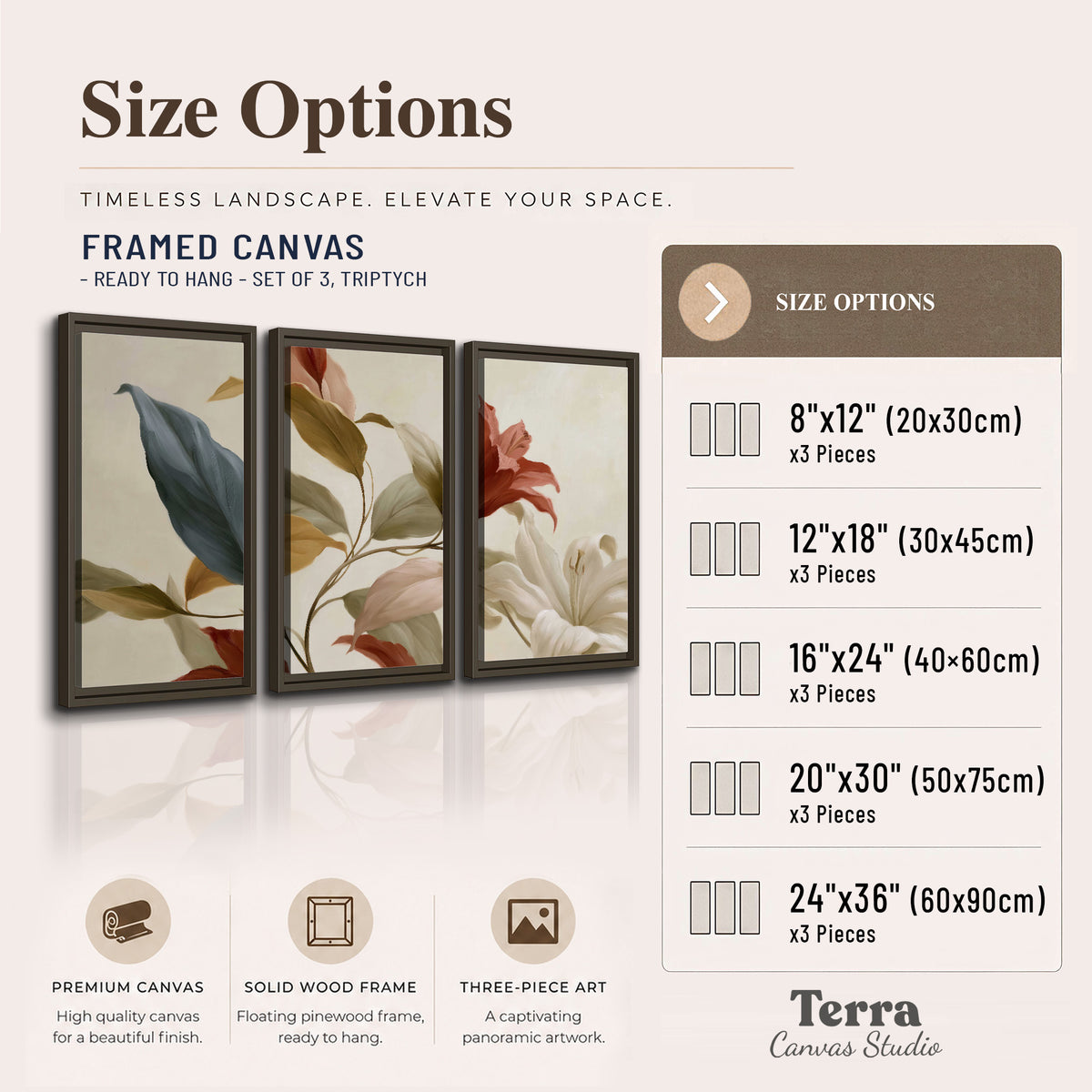 Cream flowers with broad blue and rust leaves sweeping across a neutral background 3 piece framed canvas wall art available dimensions; triptych dimensions are per panel