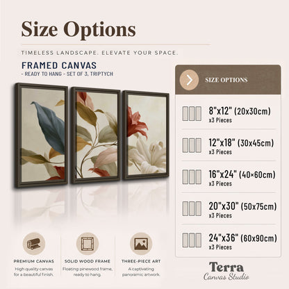 Cream flowers with broad blue and rust leaves sweeping across a neutral background 3 piece framed canvas wall art available dimensions; triptych dimensions are per panel