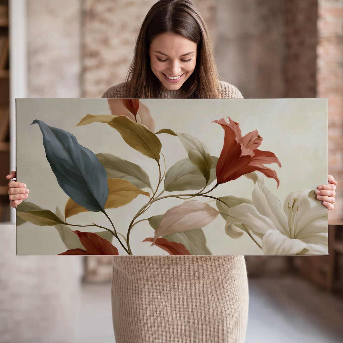 Cream flowers with broad blue and rust leaves sweeping across a neutral background single canvas wall art held in hands