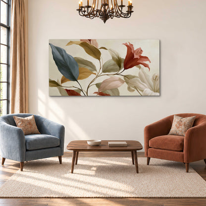 Cream flowers with broad blue and rust leaves sweeping across a neutral background single canvas wall art styled in an interior