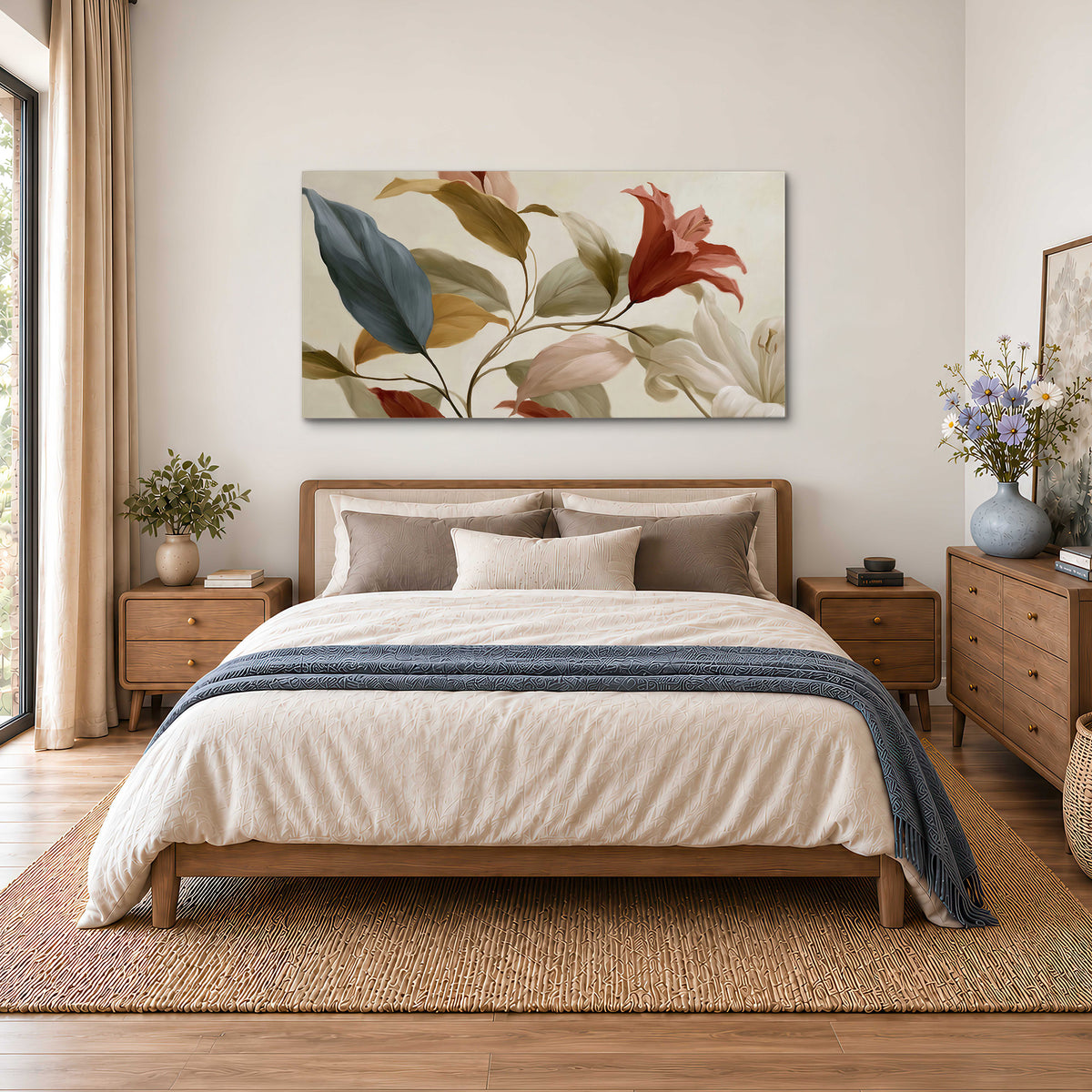 Cream flowers with broad blue and rust leaves sweeping across a neutral background single canvas wall art styled in an interior