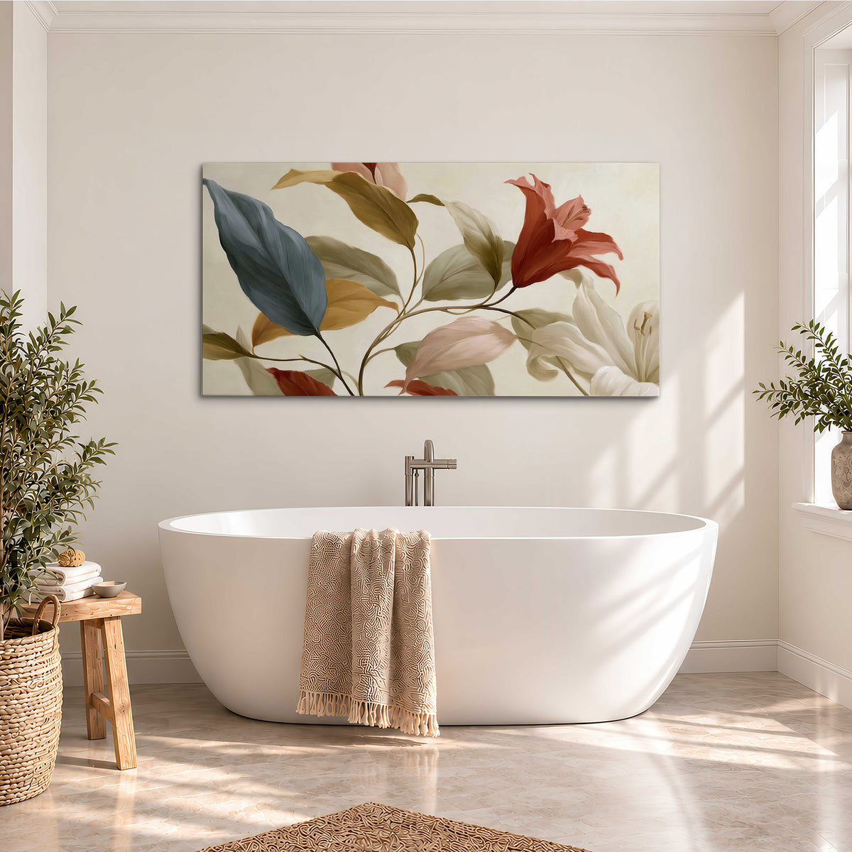 Cream flowers with broad blue and rust leaves sweeping across a neutral background single canvas wall art styled in an interior