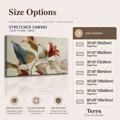 Cream flowers with broad blue and rust leaves sweeping across a neutral background single canvas wall art available dimensions