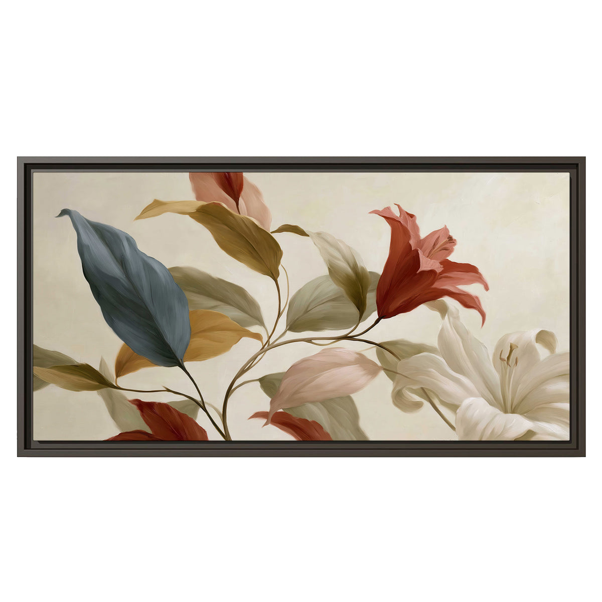 Cream flowers with broad blue and rust leaves sweeping across a neutral background single framed canvas wall art viewed straight on
