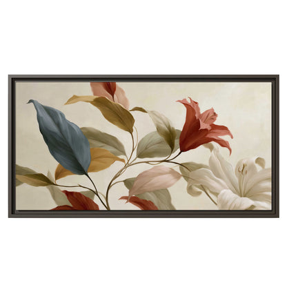 Cream flowers with broad blue and rust leaves sweeping across a neutral background single framed canvas wall art viewed straight on