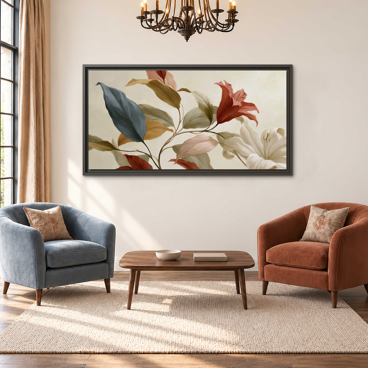 Cream flowers with broad blue and rust leaves sweeping across a neutral background single framed canvas wall art styled in an interior