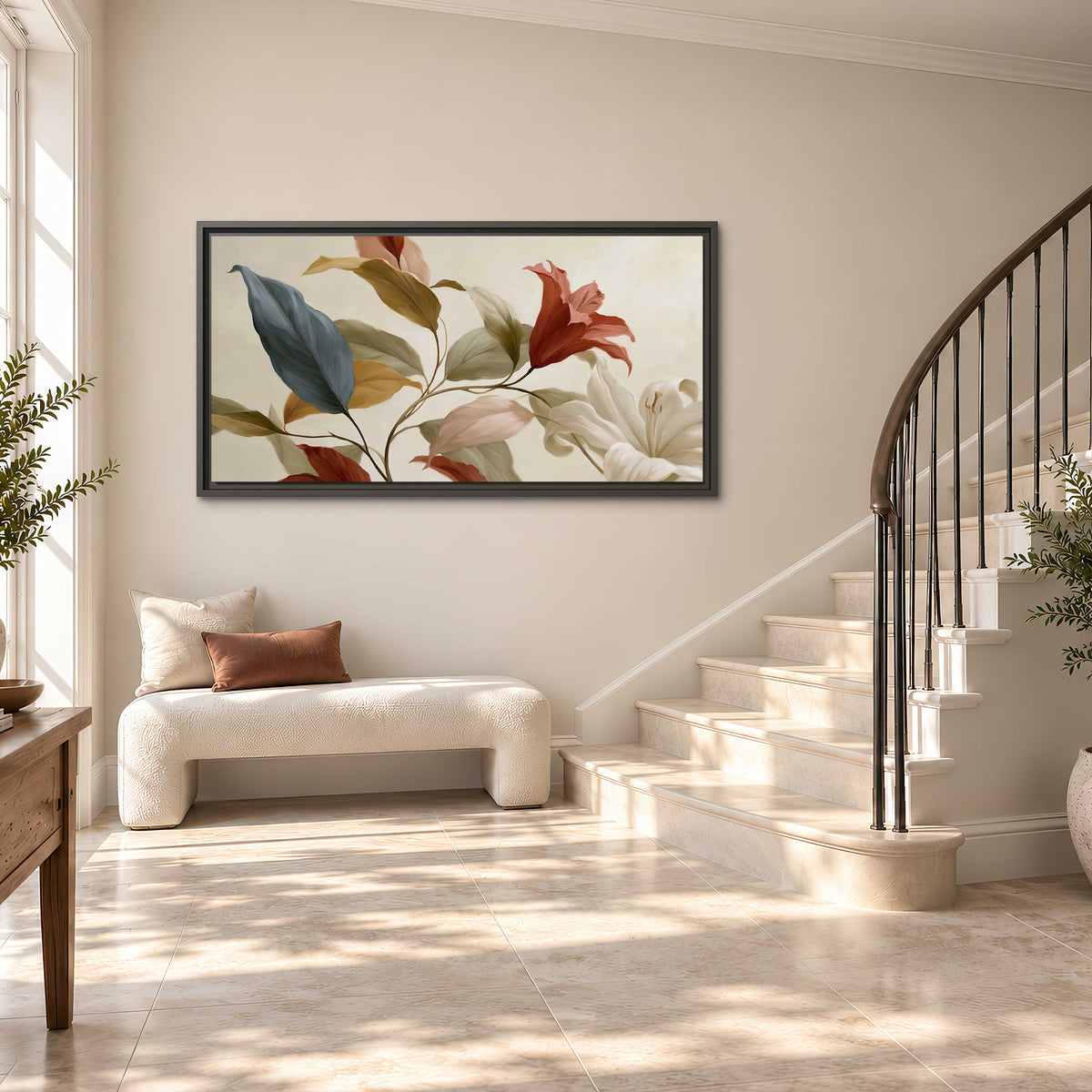 Cream flowers with broad blue and rust leaves sweeping across a neutral background single framed canvas wall art styled in an interior
