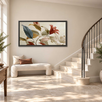 Cream flowers with broad blue and rust leaves sweeping across a neutral background single framed canvas wall art styled in an interior