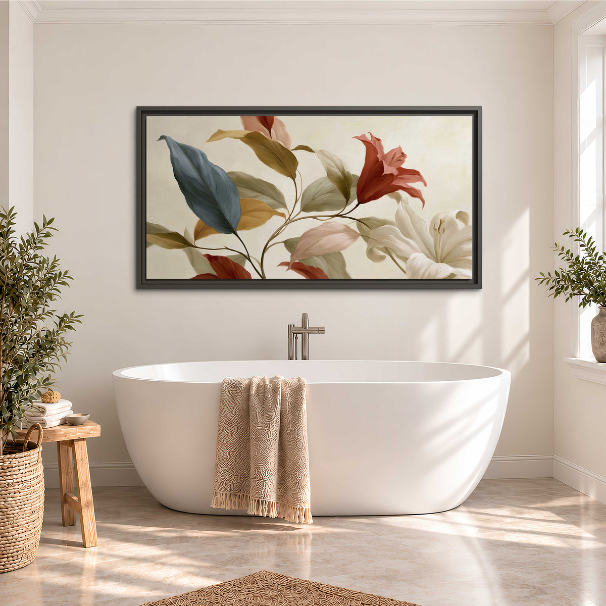 Cream flowers with broad blue and rust leaves sweeping across a neutral background single framed canvas wall art styled in an interior