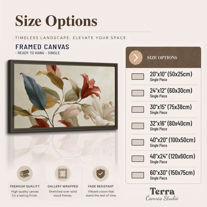 Cream flowers with broad blue and rust leaves sweeping across a neutral background single framed canvas wall art available dimensions