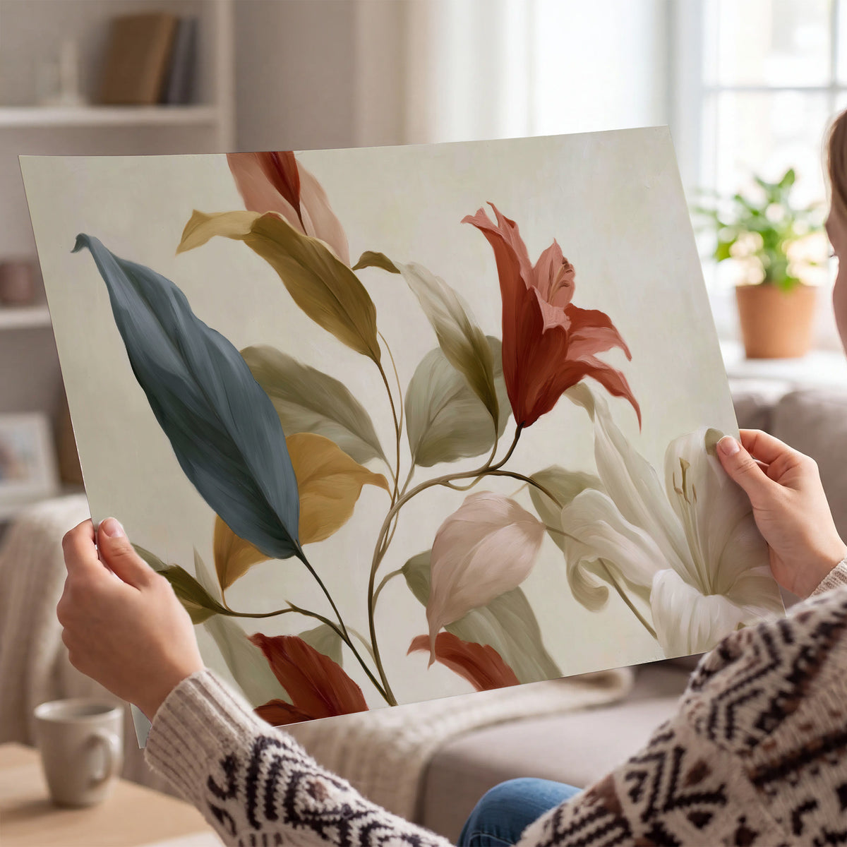 Cream flowers with broad blue and rust leaves sweeping across a neutral background single poster print held in hands