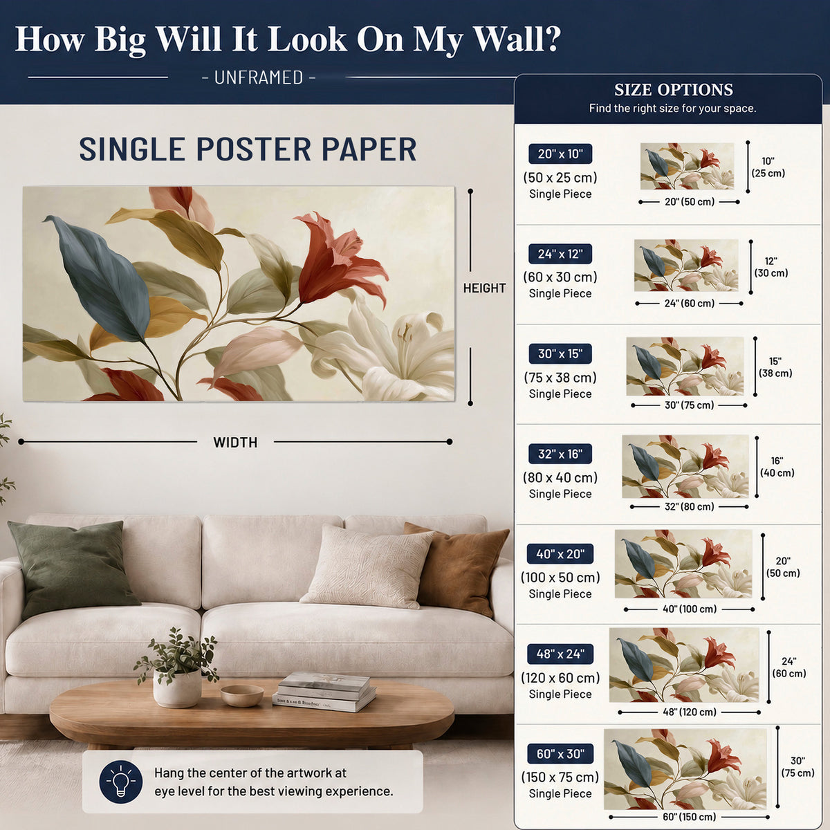 Cream flowers with broad blue and rust leaves sweeping across a neutral background single poster print size guide above a sofa; room view is illustrative