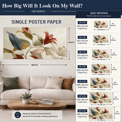 Cream flowers with broad blue and rust leaves sweeping across a neutral background single poster print size guide above a sofa; room view is illustrative