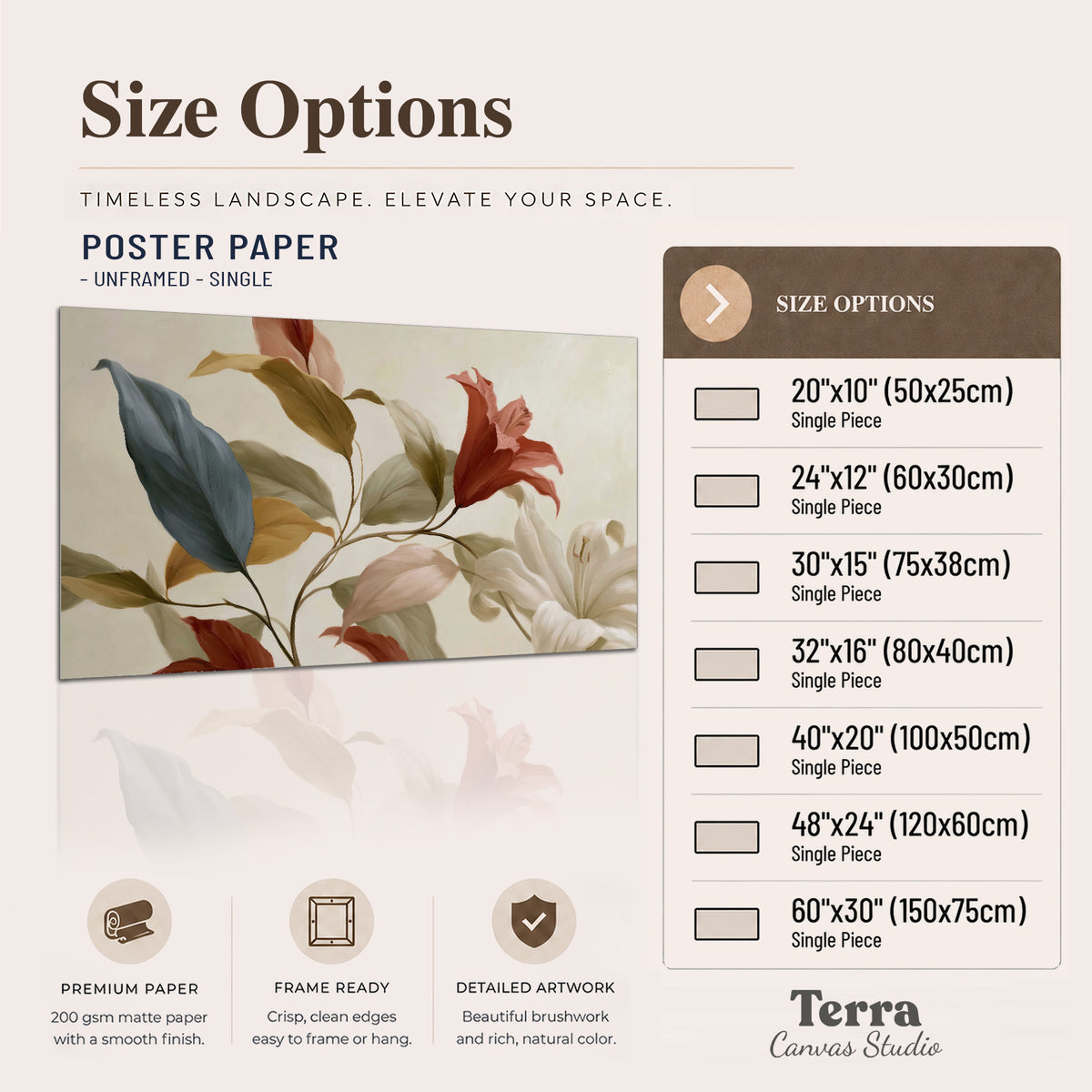 Cream flowers with broad blue and rust leaves sweeping across a neutral background single poster print available dimensions