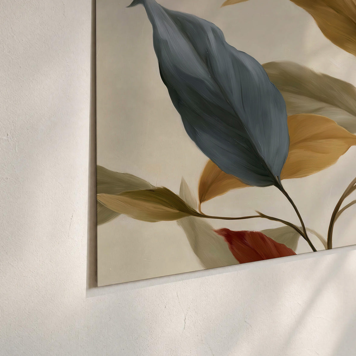 Cream flowers with broad blue and rust leaves sweeping across a neutral background set of 3 poster prints material and edge close up