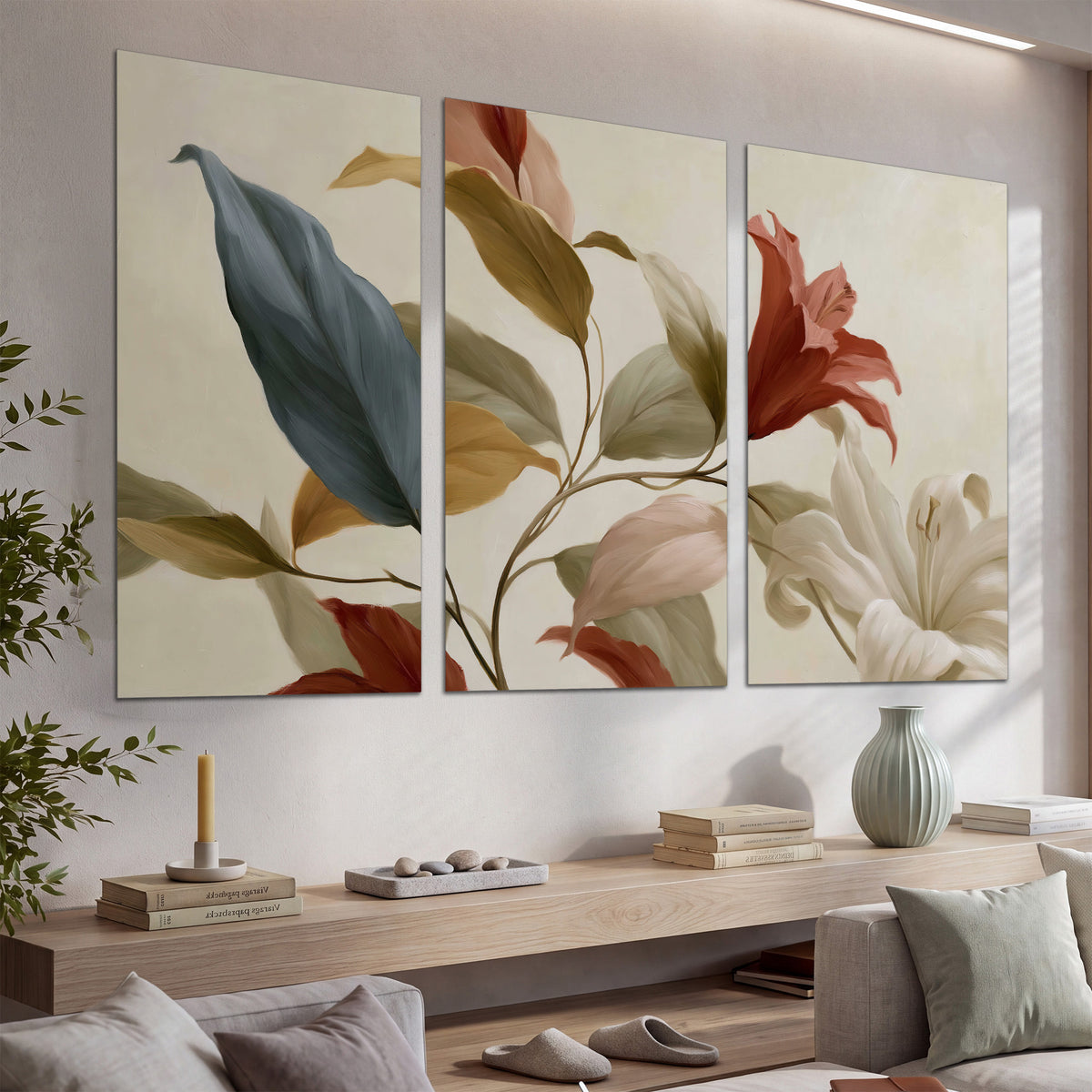 Cream flowers with broad blue and rust leaves sweeping across a neutral background set of 3 poster prints displayed in a console