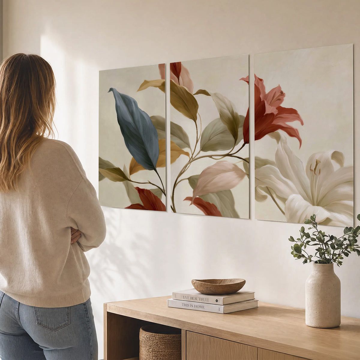 Cream flowers with broad blue and rust leaves sweeping across a neutral background set of 3 poster prints three panel arrangement on a wall