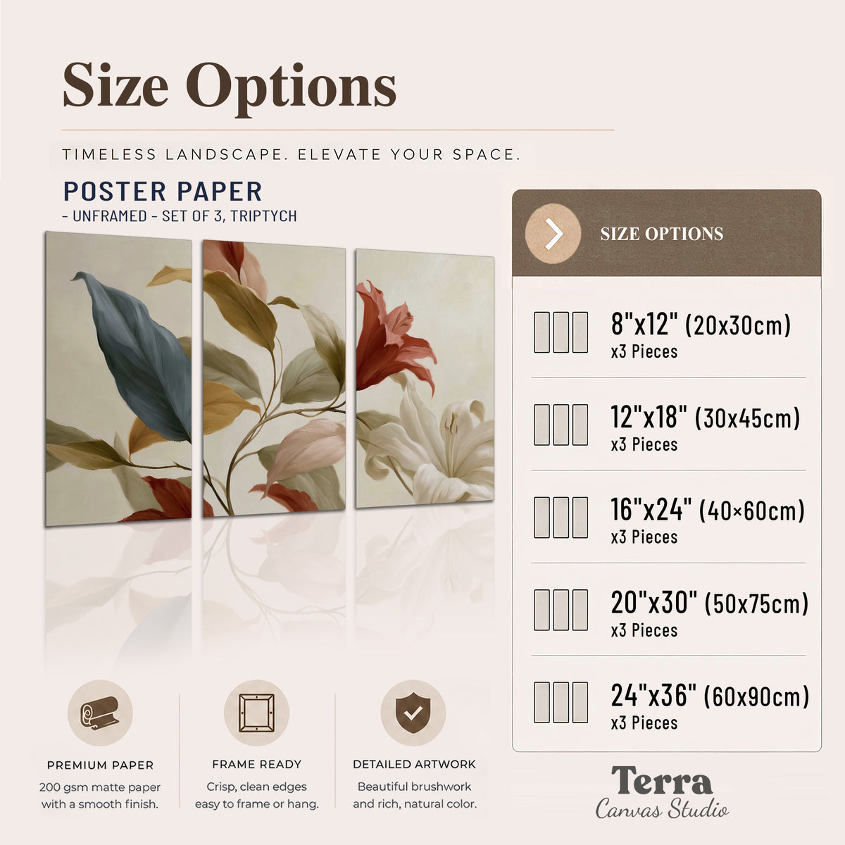 Cream flowers with broad blue and rust leaves sweeping across a neutral background set of 3 poster prints available dimensions; triptych dimensions are per panel
