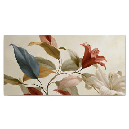 Cream flowers with broad blue and rust leaves sweeping across a neutral background single canvas wall art viewed straight on