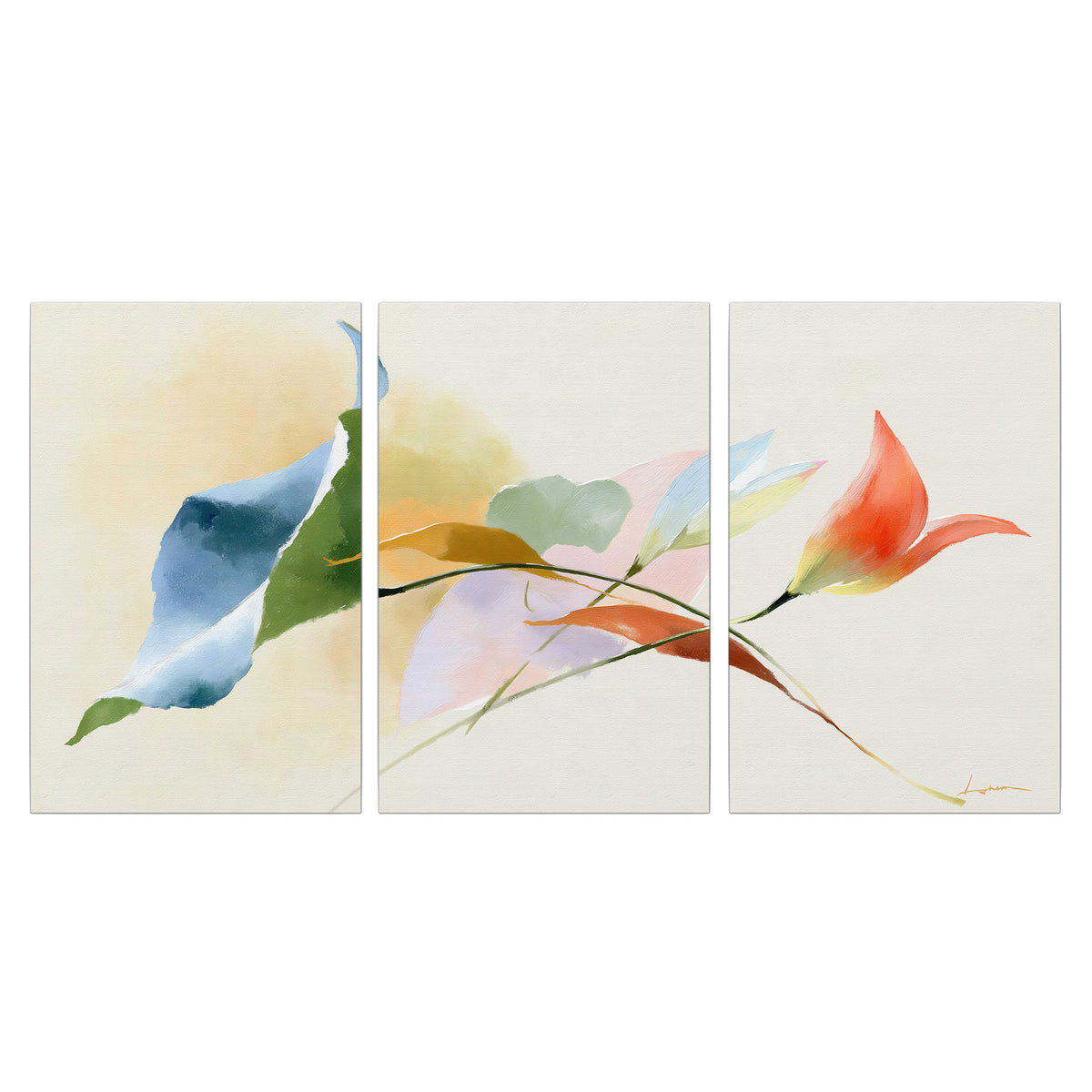 Airy green, orange and blue organic shapes floating across a white background 3 piece canvas wall art viewed straight on