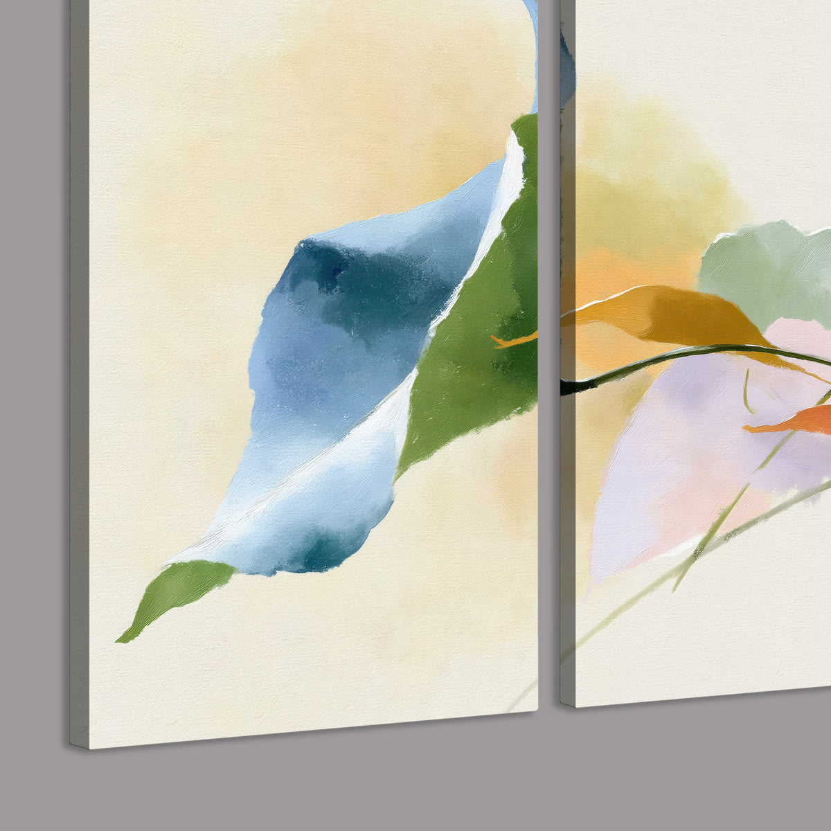 Airy green, orange and blue organic shapes floating across a white background 3 piece canvas wall art room and product view
