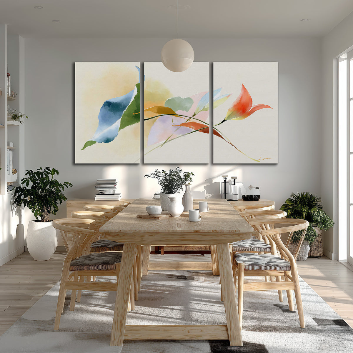 Airy green, orange and blue organic shapes floating across a white background 3 piece canvas wall art room and product view