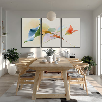 Airy green, orange and blue organic shapes floating across a white background 3 piece canvas wall art room and product view