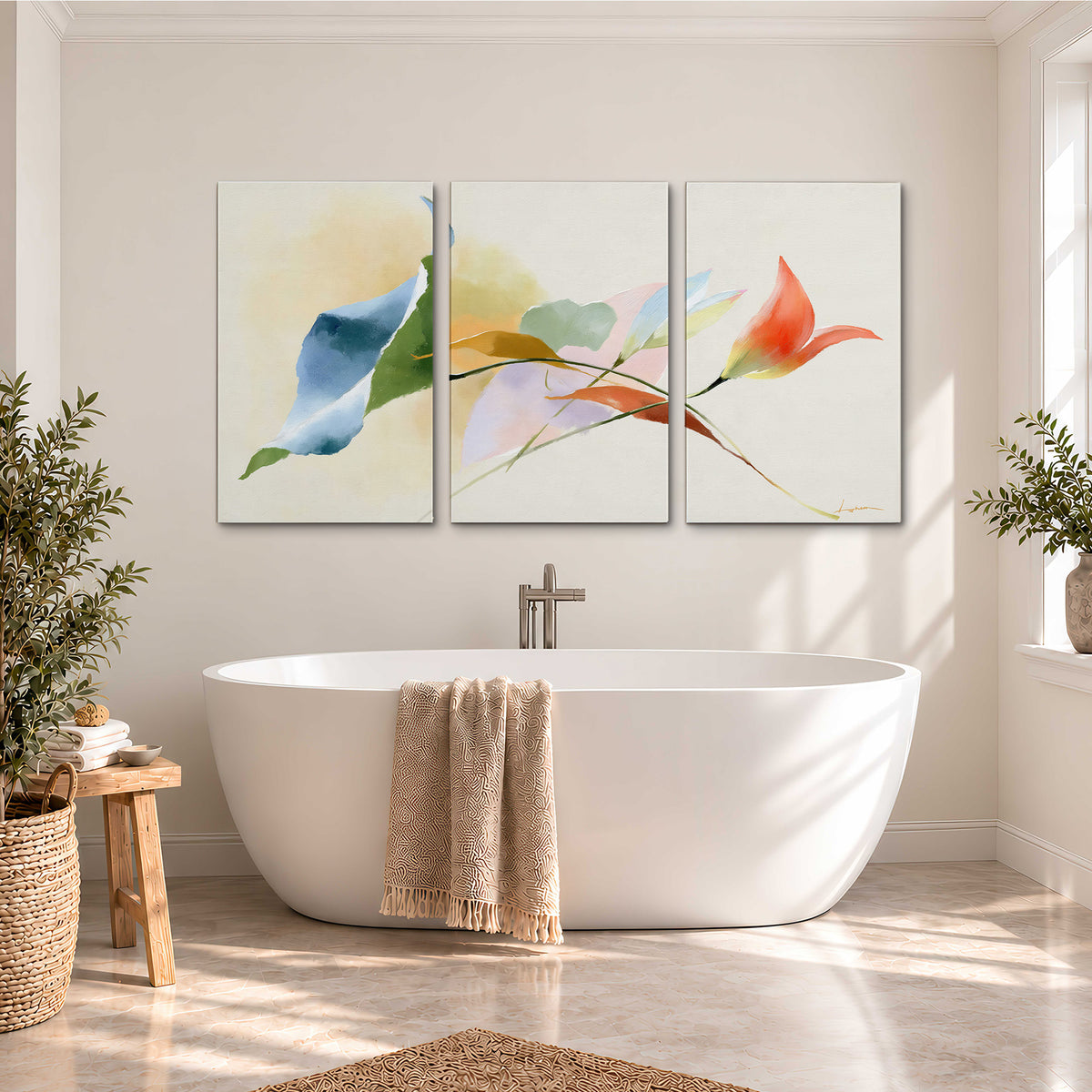 Airy green, orange and blue organic shapes floating across a white background 3 piece canvas wall art styled in an interior