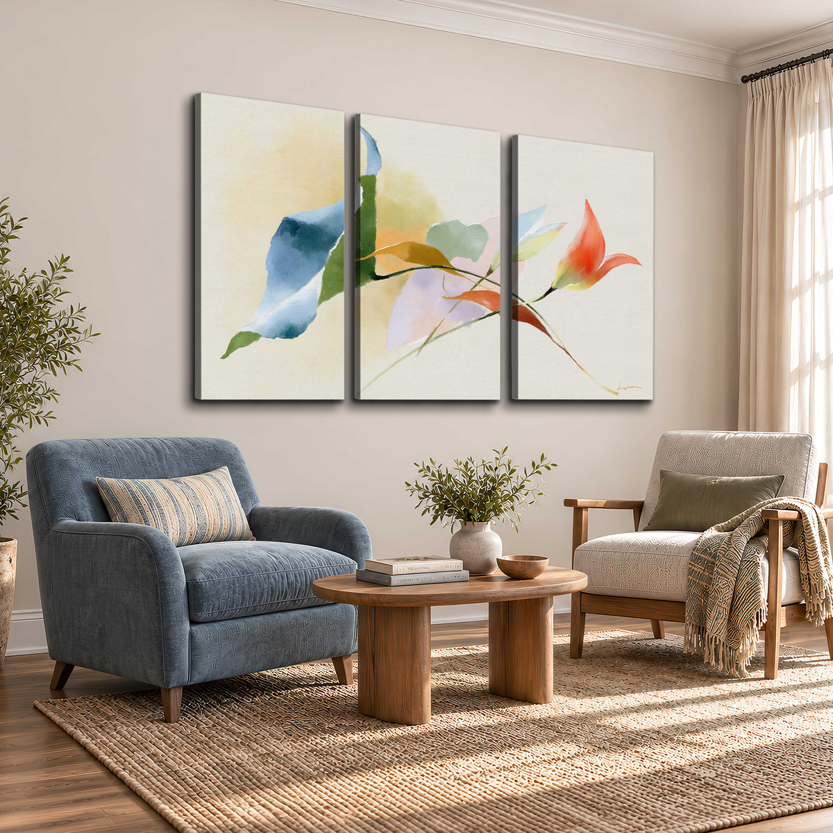 Airy green, orange and blue organic shapes floating across a white background 3 piece canvas wall art styled in an interior