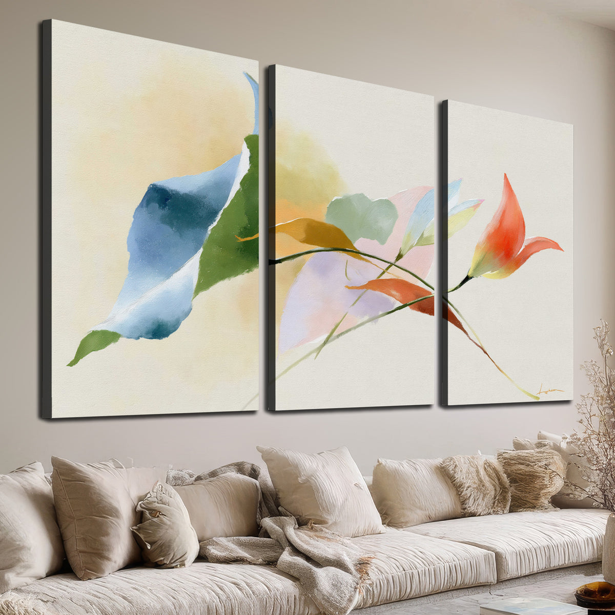 Airy green, orange and blue organic shapes floating across a white background 3 piece canvas wall art room and product view