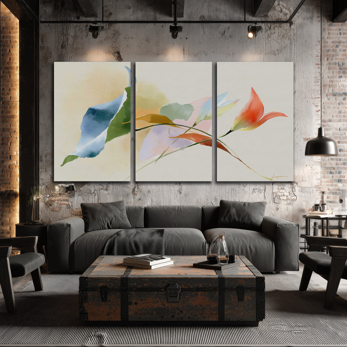 Airy green, orange and blue organic shapes floating across a white background 3 piece canvas wall art displayed in a industrial room