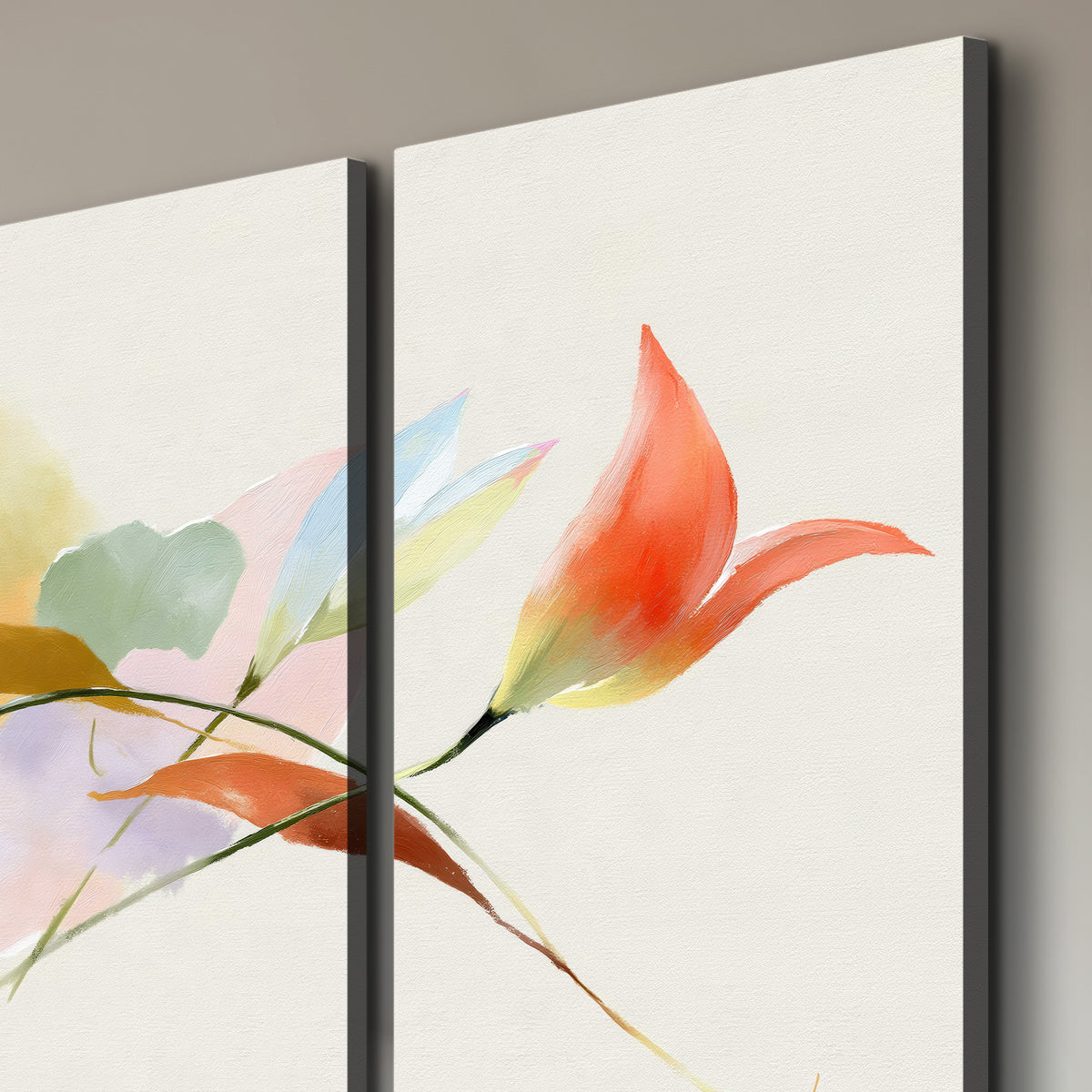 Airy green, orange and blue organic shapes floating across a white background 3 piece canvas wall art room and product view