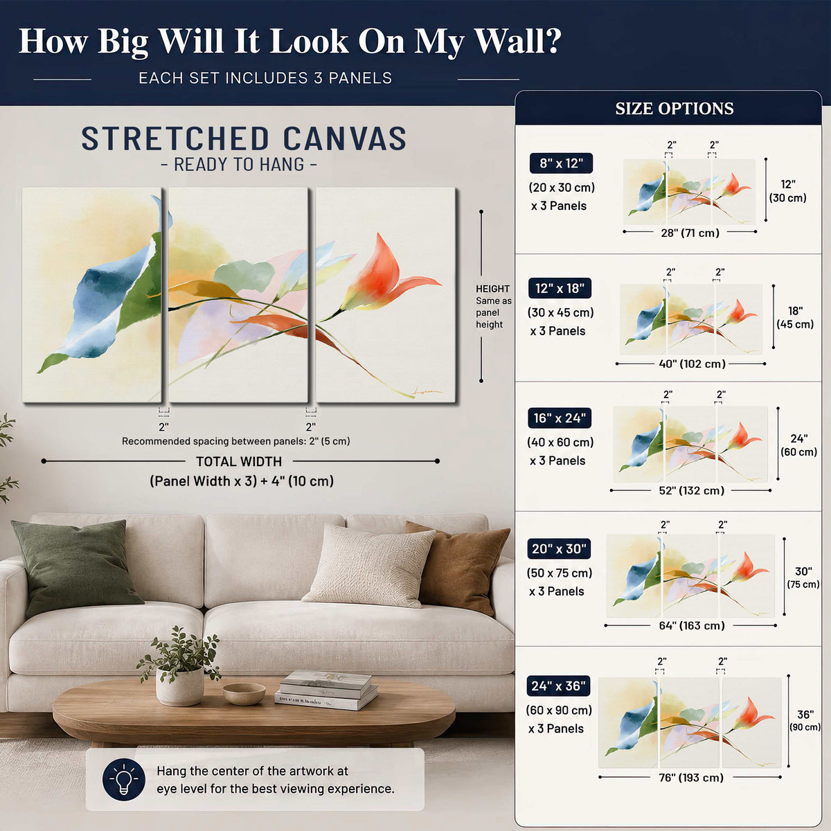 Airy green, orange and blue organic shapes floating across a white background 3 piece canvas wall art size guide above a sofa; room view is illustrative